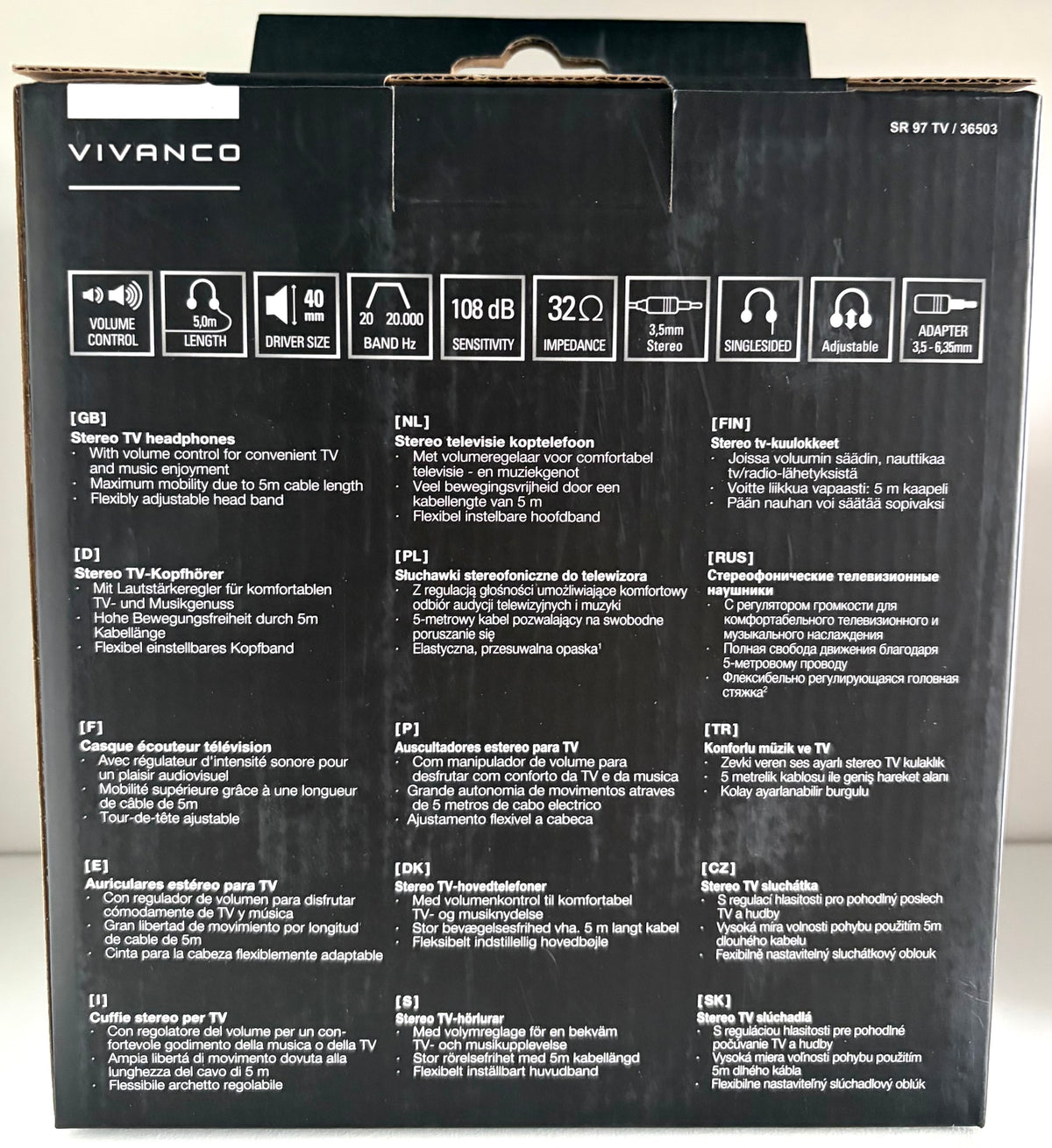 Vivanco Wired Stereo SR97 TV Headphones, Black, 5m Cable Length