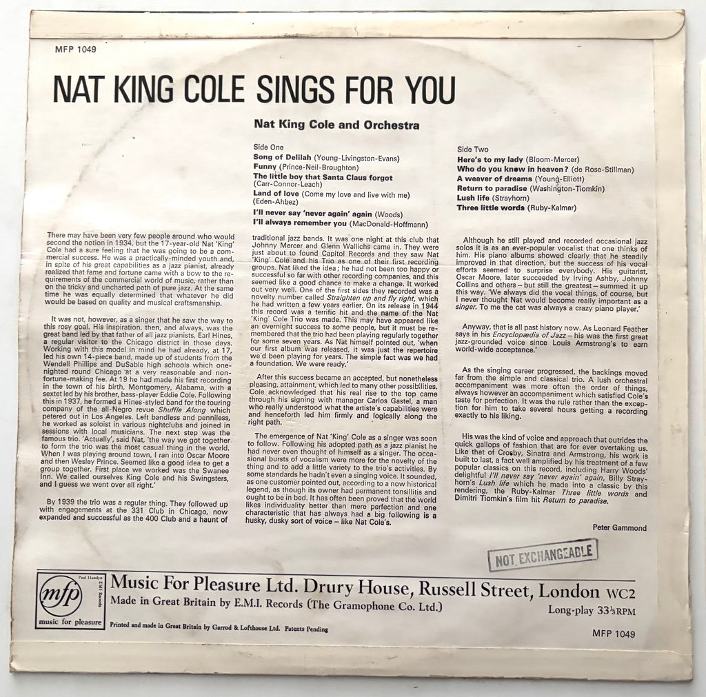 Nat King Cole - Sings For You - LP 12" Vinyl Album (1965)