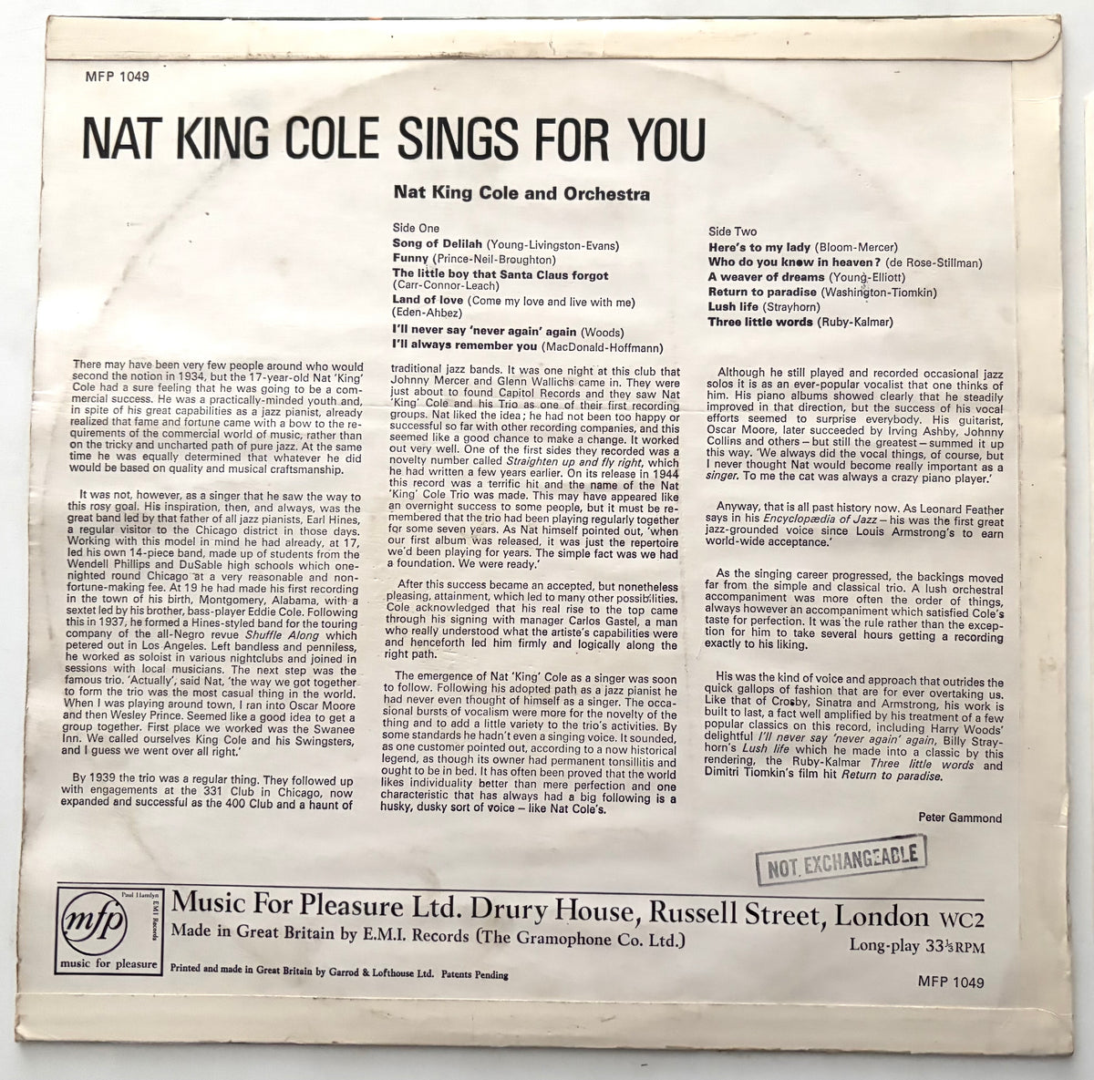 Nat King Cole - Sings For You - LP 12" Vinyl Album (1965)