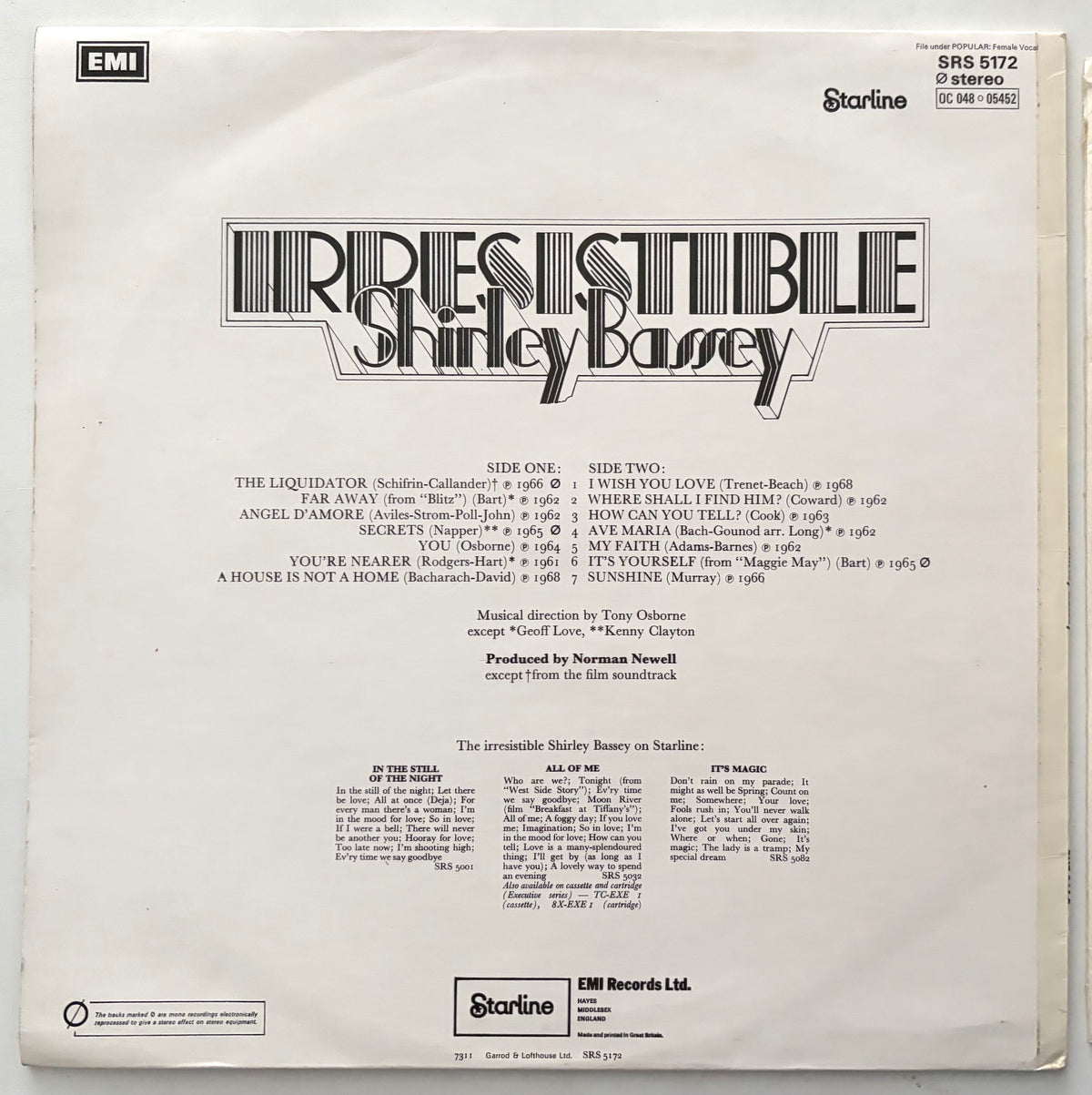 Shirley Bassey - Irresistible - LP 12" Vinyl Album (1973)