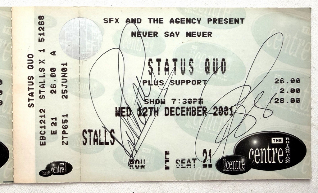 Status Quo Never Say Never Tour Signed Autographed Ticket, The Brighton Centre
