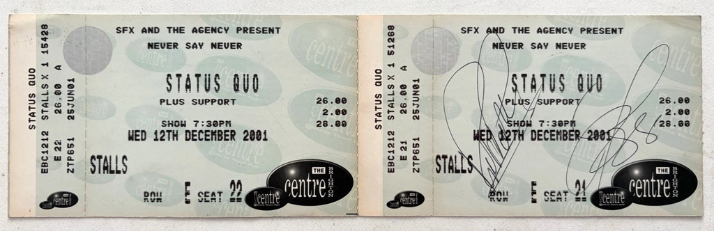Status Quo Never Say Never Tour Signed Autographed Ticket, The Brighton Centre